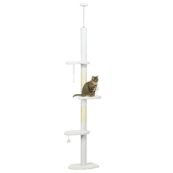 Árbol para Gatos de Suelo a Techo de 225-255 cm Torre para Gatos de Suelo a Techo Ajustable en Altura con 3 Plataforma de Forma de Nube Postes Rascadores y 2 Bolas 48x32x225-255 cm Blanco