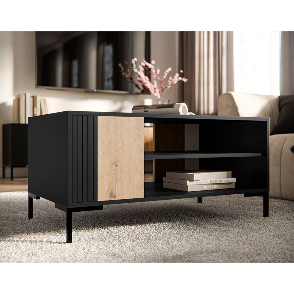 Cambridge - table basse - effet bois et noir - 2 niches - 100 cm - Noir / Bois