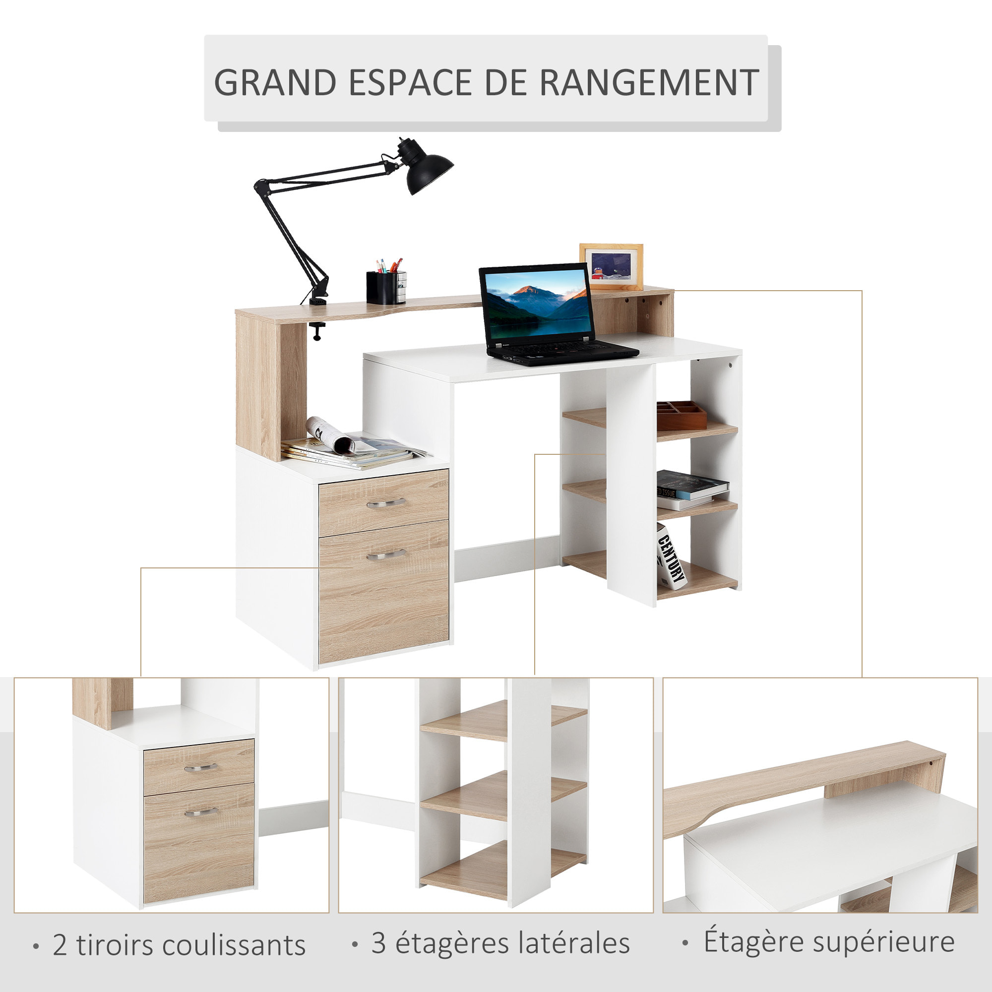 HOMCOM Bureau Informatique multimédia Design Multi-rangements 137 L x 55 l x 92 H cm chêne Blanc