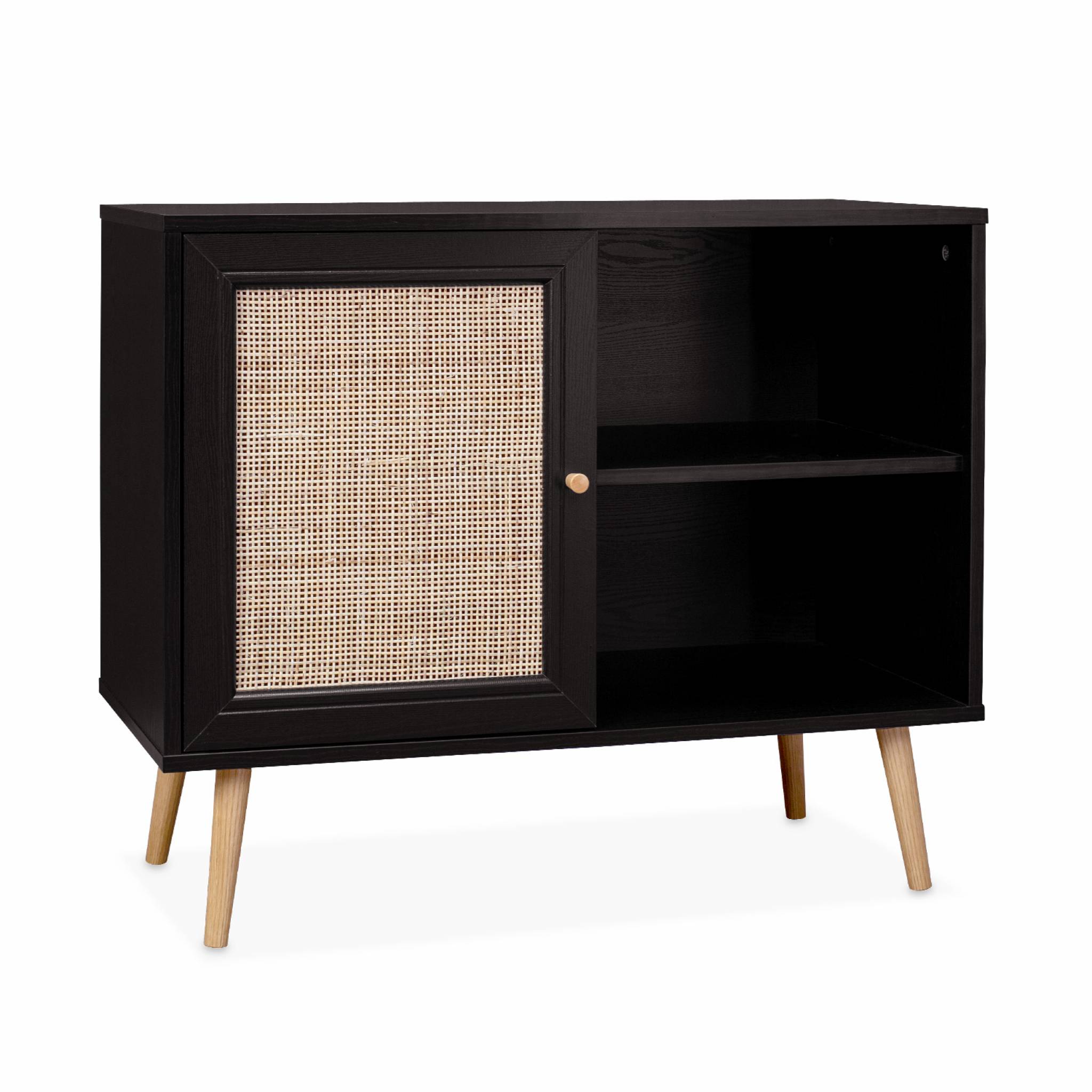 Meuble de rangement en cannage 80x39x65.8cm  Bohème - Noir -  2 niveaux - 1 porte -  pieds scandinaves. buffet bas