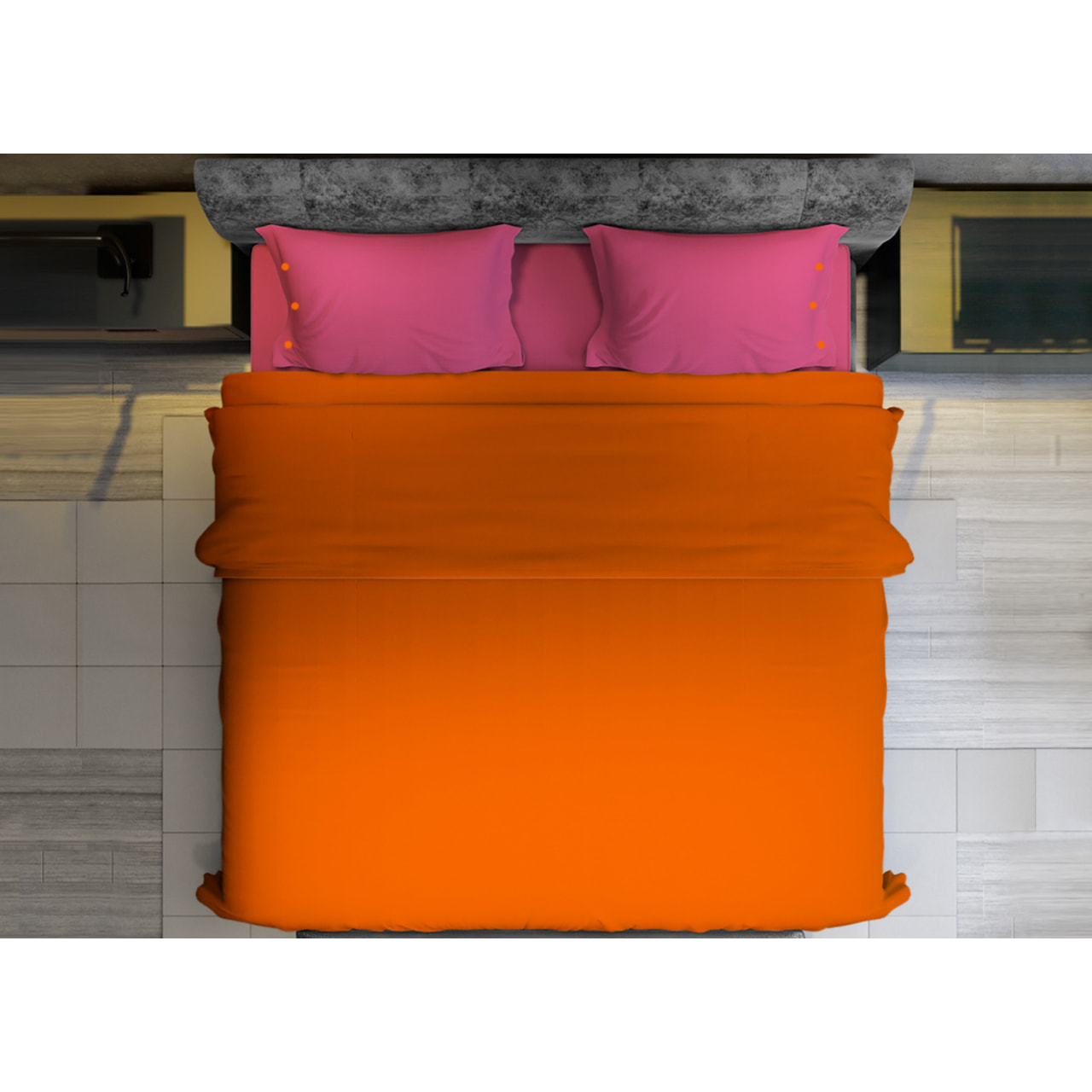 Completo Lenzuola Bicolor Estate/Inverno 100% Cotone Tinta Unita Amici Arancio/Fucsia