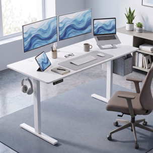 HOMCOM Escritorio Elevable 140x60 cm, Escritorio Eléctrico Regulable en Altura con 3 Alturas de Memoria, Pantalla LED, 2 Ganchos, 2 Pasacables, para Oficina en Casa, Estudio, Blanco