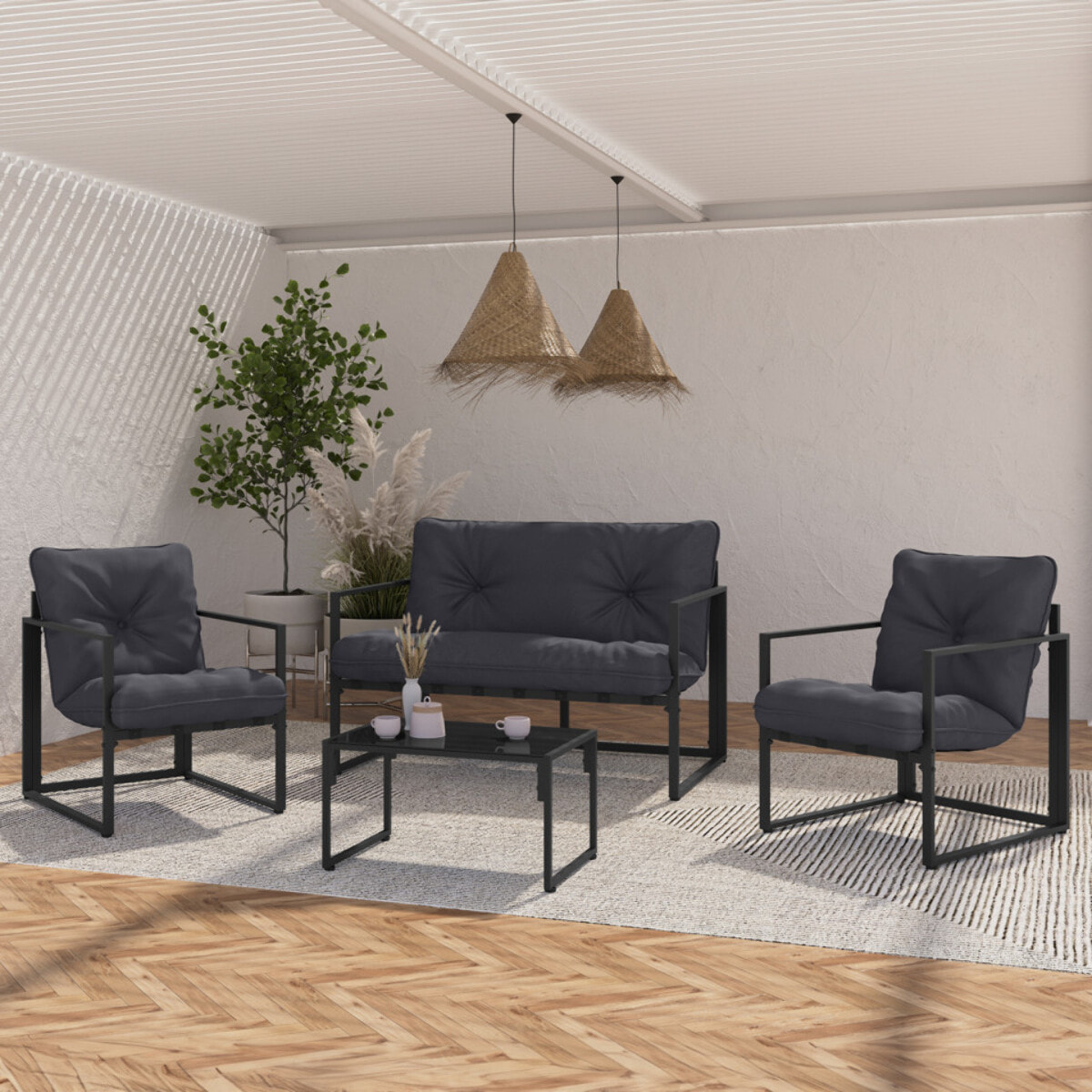 Salon de jardin Tropéa 4 places avec coussins gris