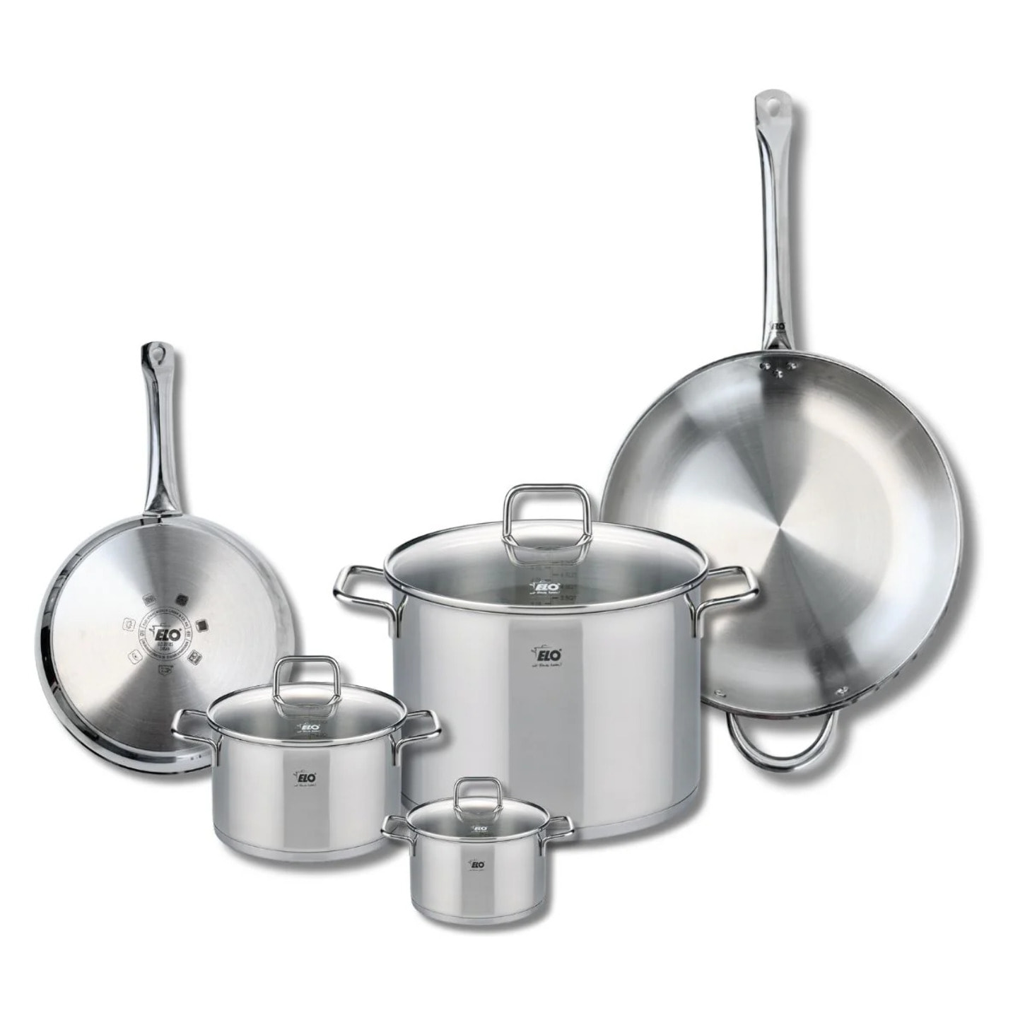 Ensemble de 2 Poêles de cuisson 24 et 32 cm et 3 faitouts 12, 16 et 26 cm Elo Profi Citrin