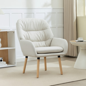 Sillón de Salón Moderno, Butaca de Salón, Acolchado de Doble Capa, Tapizado en Cuero Sintético, Patas de Madera, Sillón de Lectura para Dormitorio, Oficina, Estudio, 68x74x89 cm, Crema