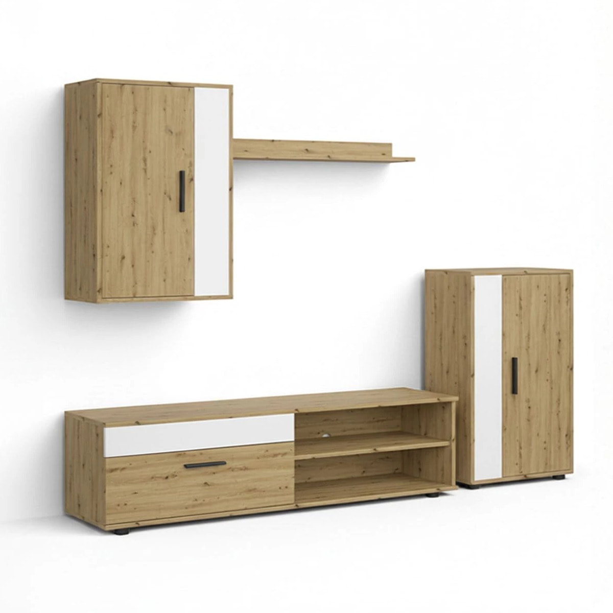 Salón modular con mueble TV en blanco artik y aplino 190 cm Lunet Blanco Artik (Blanco Mate) - Alpine Oak