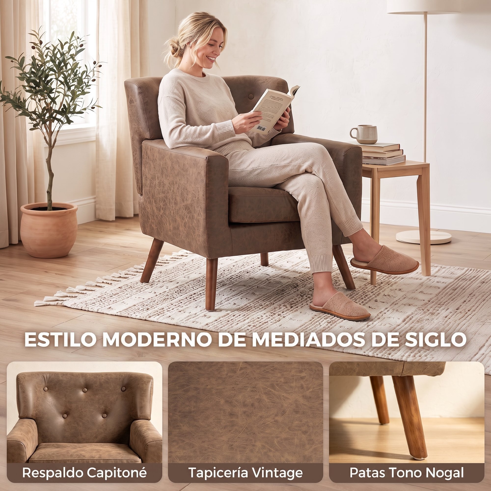 HOMCOM Sillón Relax, Sofá Individual, Tapizado en PU, Cojín de Asiento con Muelles, Respaldo Ancho Acolchado, Patas de Madera Maciza para Salón, Dormitorio y Oficina, 72x76x80 cm, Marrón