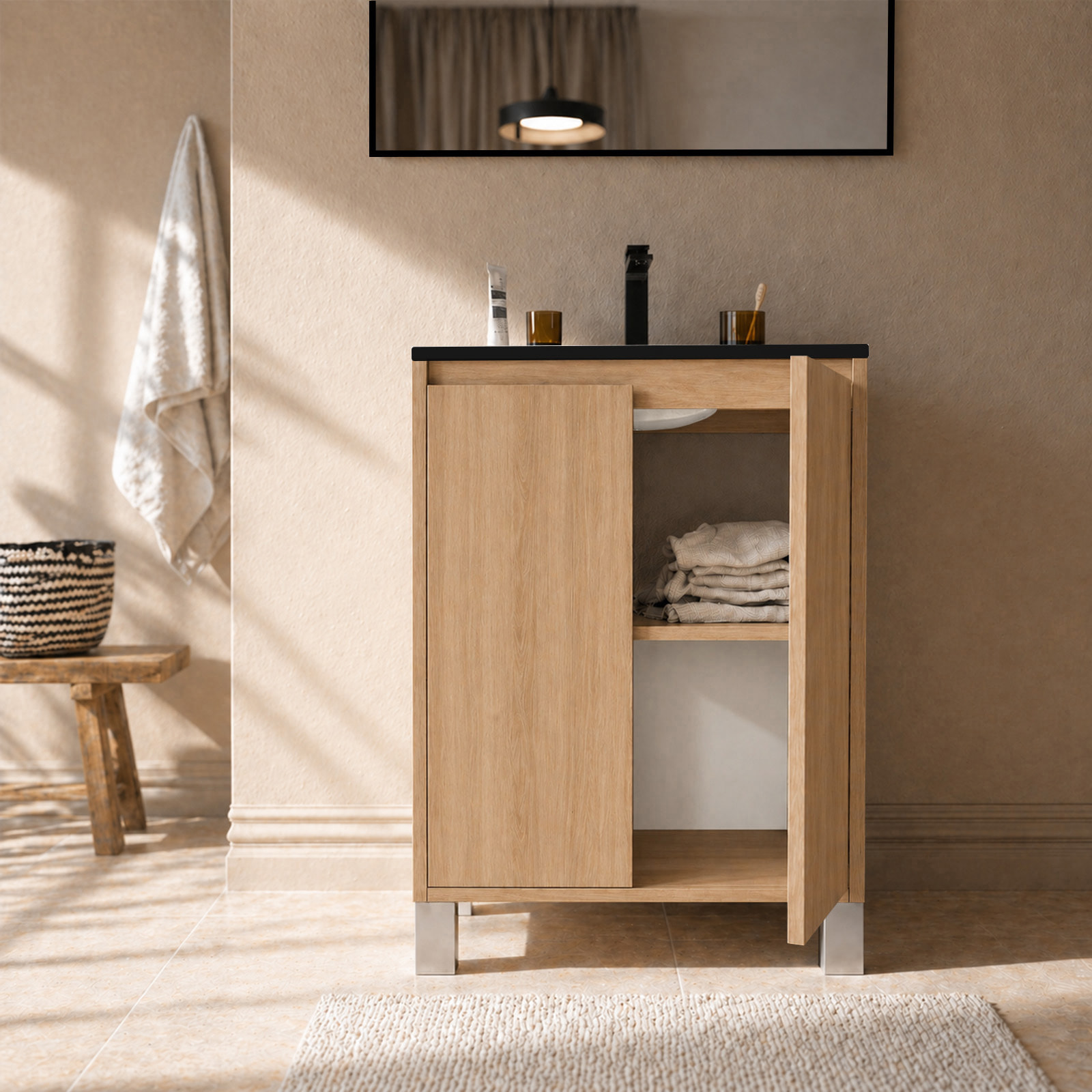 Meuble de Salle de Bains 50cm 2 portes Chêne Clair, Vasque Noire et Miroir Cadre Noir 50x70 - XENOS