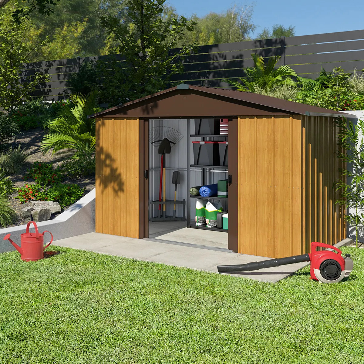 Abri de jardin métal aspect bois Yardmaster 5,3 m² + kit d'ancrage