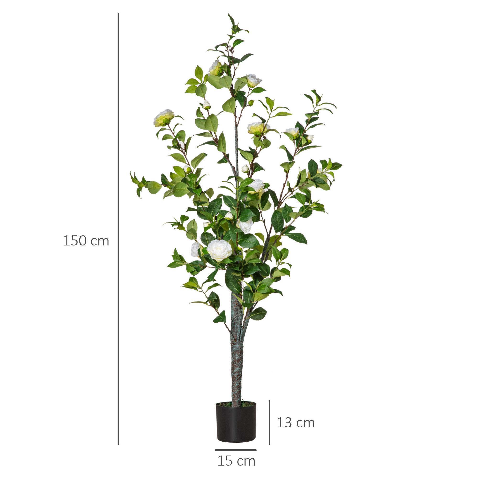 HOMCOM Árbol de Camelia Artificial 150 cm con Maceta de Cemento 285 Hojas Realistas y 25 Flores de Tela Planta Sintética Decoración para Hogar Oficina y Exterior Verde