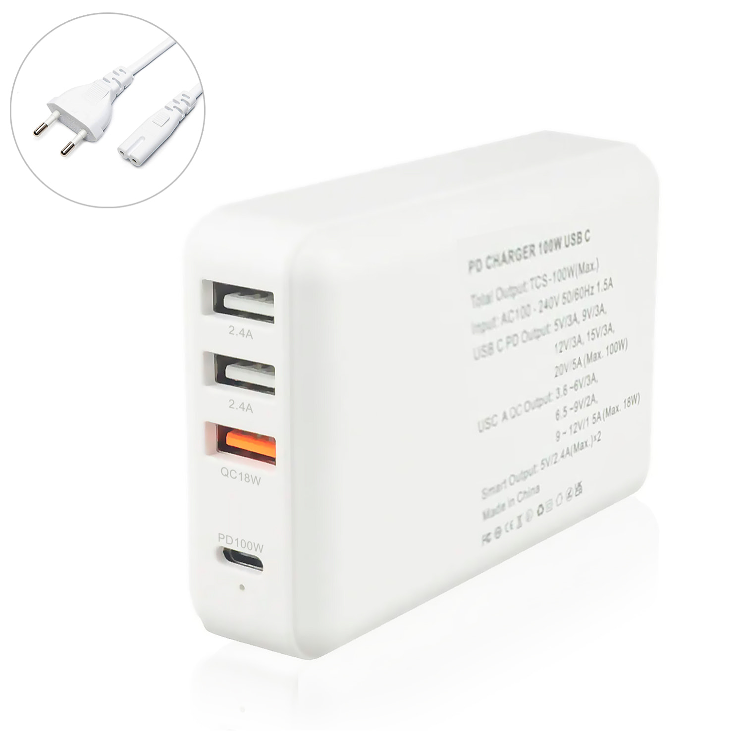 DAM Cargador USB con salida PD100W + QC3.0 18W + doble salida 2.4A 9,5x2,5x6 Cm. Color: Blanco