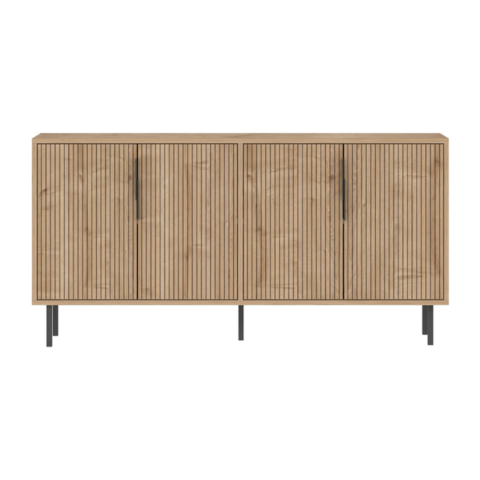 ATLAS Buffet cannelé 4 portes aspect bois 150x75cm