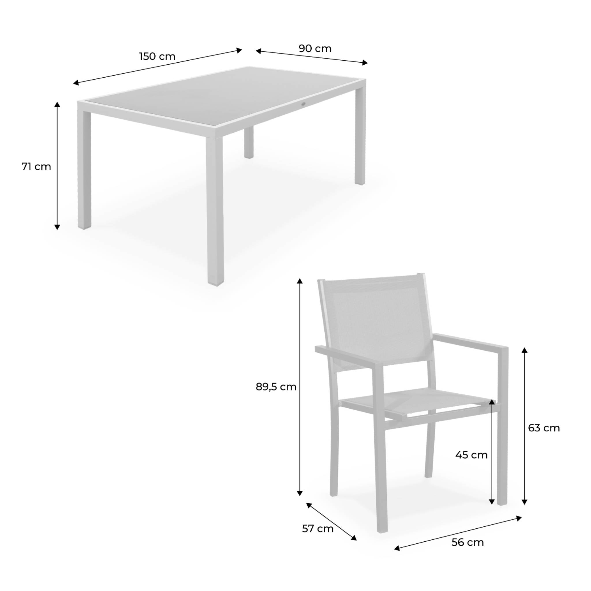 Table de jardin aluminium + 6 assises CAPUA 150
