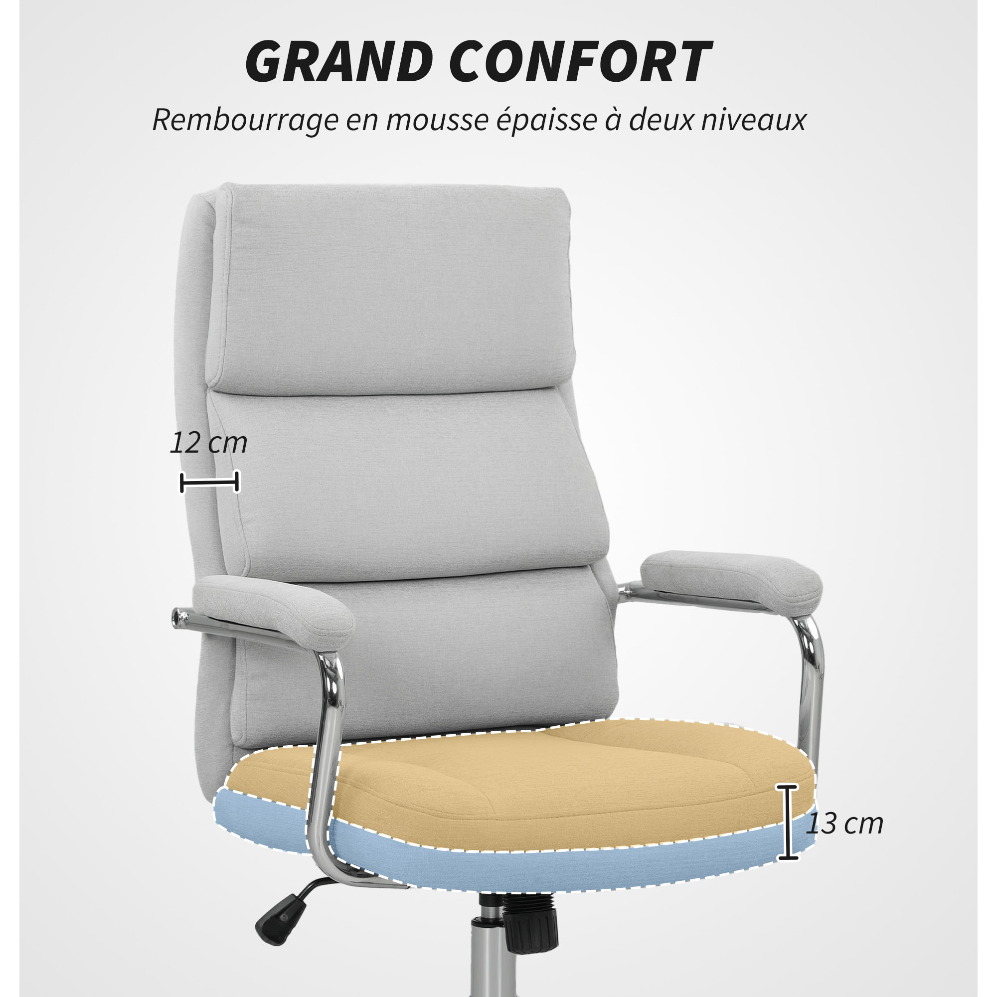 Fauteuil de bureau manager design accoudoirs rembourrés acier chromé tissu toucher lin gris clair