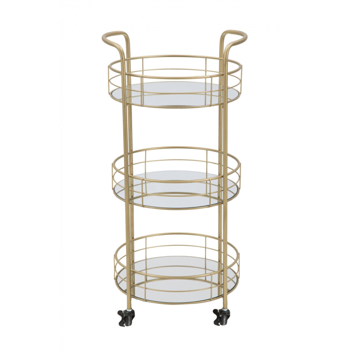 Carrello rotondo in metallo dorato, tre ripiani in specchio, colore oro, Misure 38 x 77,5 x 38 cm