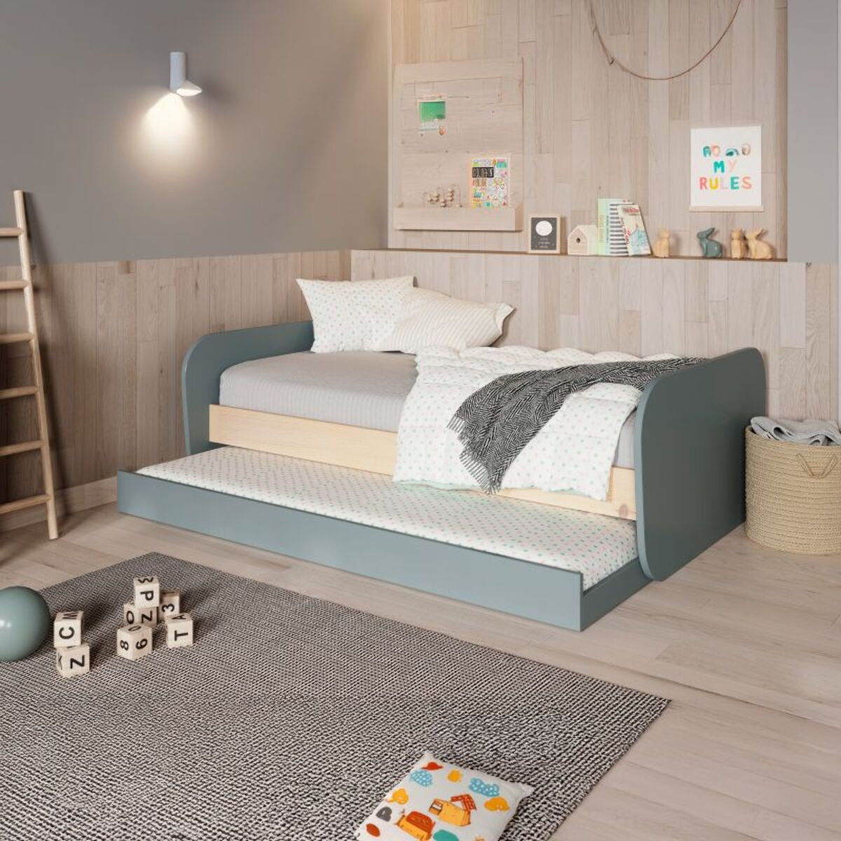 Cama doble juvenil Misty Breeze Verde Salvia - Oak Soft
