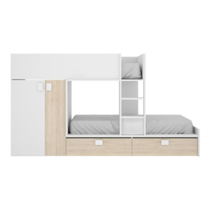 Letto per bambini Breithorn, Cameretta completa con armadio e cassetti, Composizione letto a castello con due lettini singoli, 275x108h150 cm, Bianco e Rovere