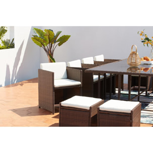 Table et chaises 12 places encastrables résine marron/blanc REGINA