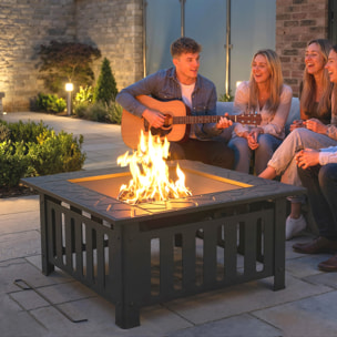 Brasero Exterior de Acero Cuadrado, 67x67x47 cm, Brasero Exterior Jardín con Atizador, Tapa de Malla, para Terraza, Camping, Fiesta, Negro