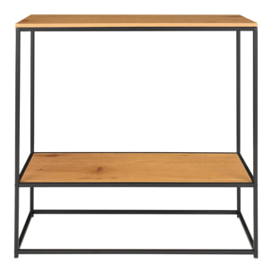 Consolle Vita a 2 ripiani effetto rovere con struttura in acciaio nero, 80×36×80 cm
