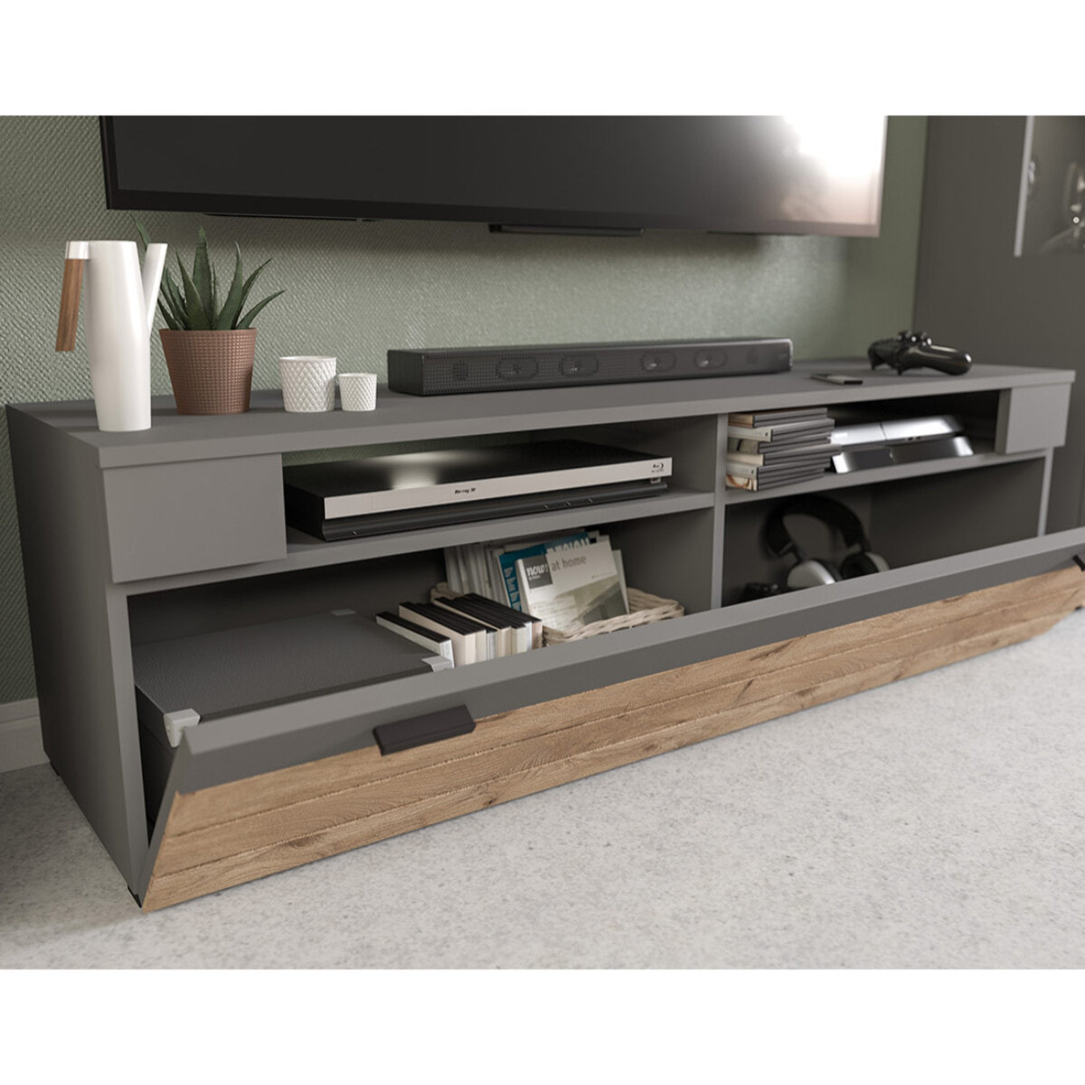 Wexford - meuble tv - gris et effet bois - 1 porte - 140 cm - Bois / Gris
