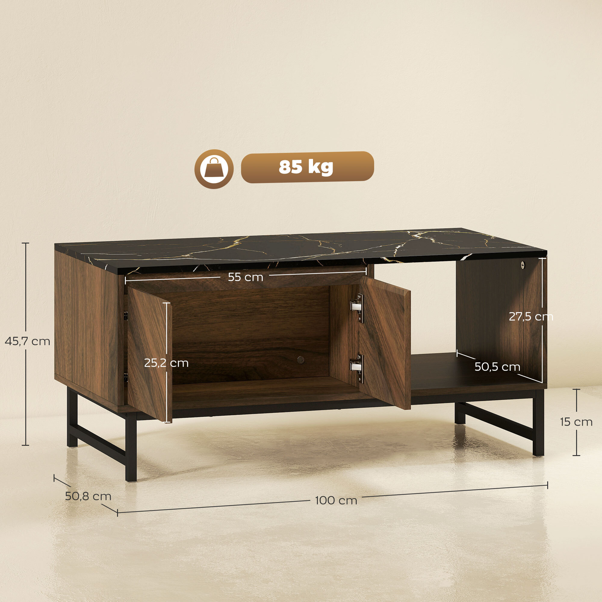 Table basse, table de salon avec plateau effet marbre, 2 portes et 2 compartiments ouverts, cadre en acier, 100 x 50,8 x 45,7 cm