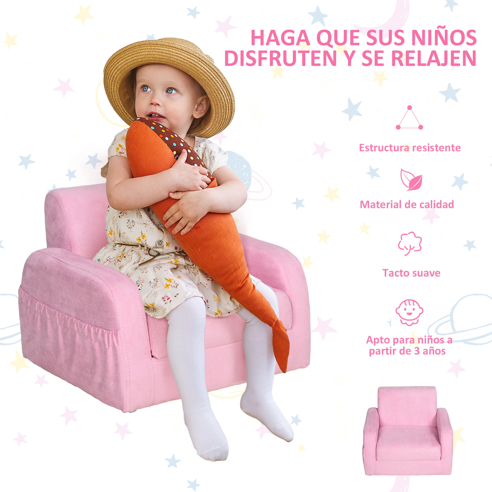 Sofá Infantil de Madera Franela y Espuma 51x45x30cm Rosa