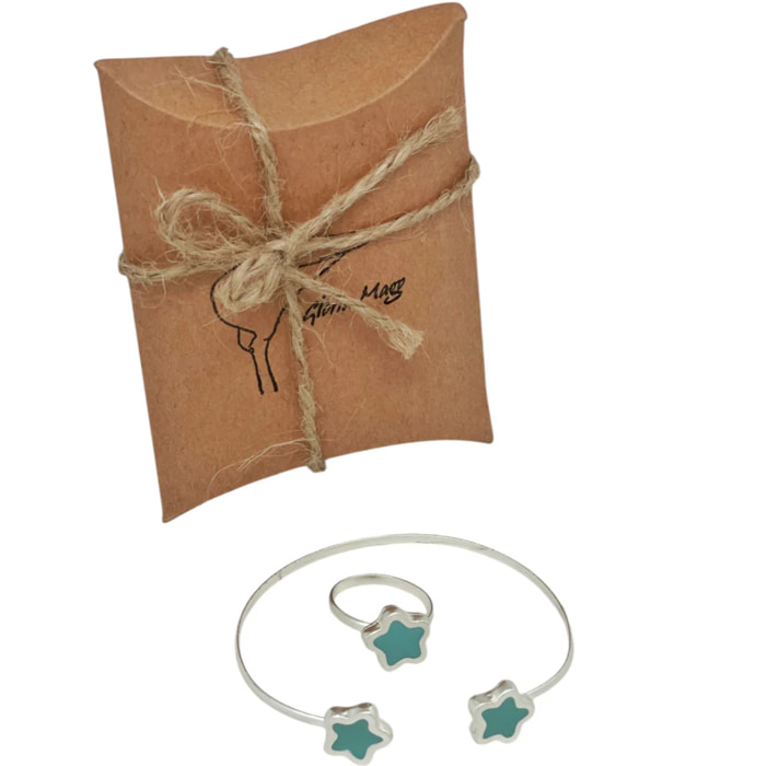 Conjunto Colors Flor Pulsera y anillo plata 10µ Azul celeste