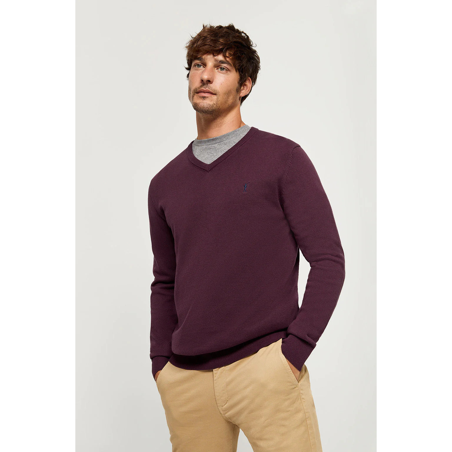 Maglione basic a V in bordeaux con logo Rigby Go