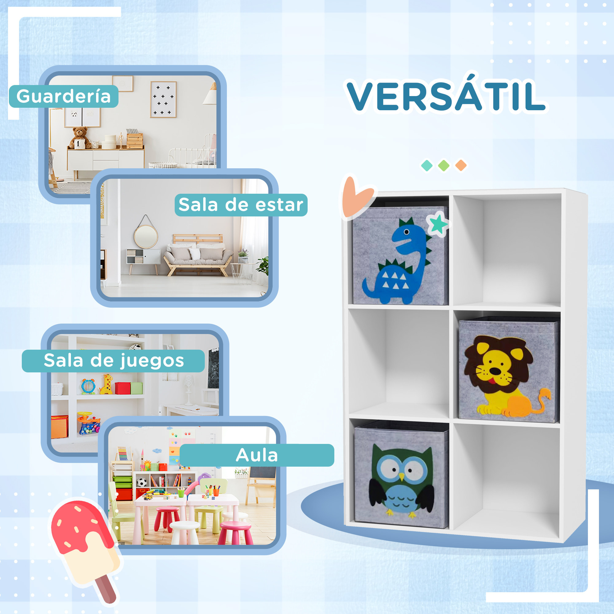 Estantería para Juguetes Infantil Librería para Niños de +3 Años con 6 Compartimientos de Almacenaje y 3 Cajones de Tela no Tejida con Imagen de Animales 61,8x29,9x91,5 cm Blanco y Gris