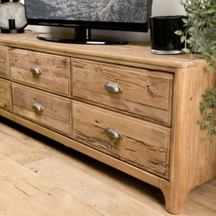 SANDY - Meuble TV marron 6 tiroirs bois Pin recyclé