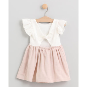 VESTIDO FALDA FRUNCIDA ROSA Y CUERPO BLANCO