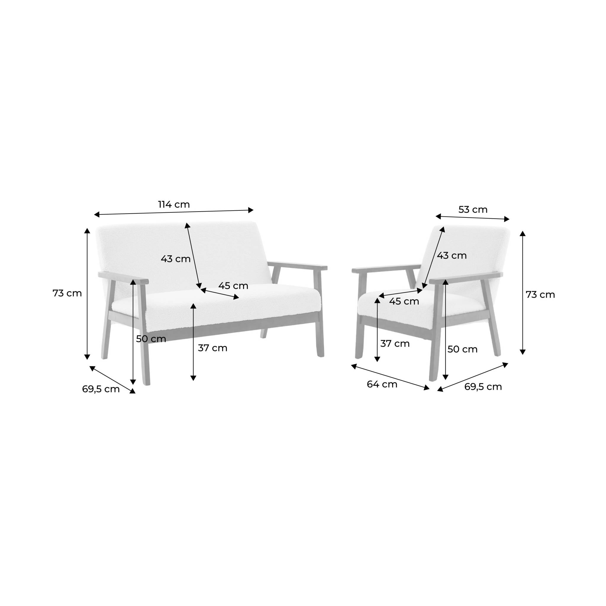 Canapé banquette 2 places et fauteuil tissu bouclette. pieds teinté noyer clair