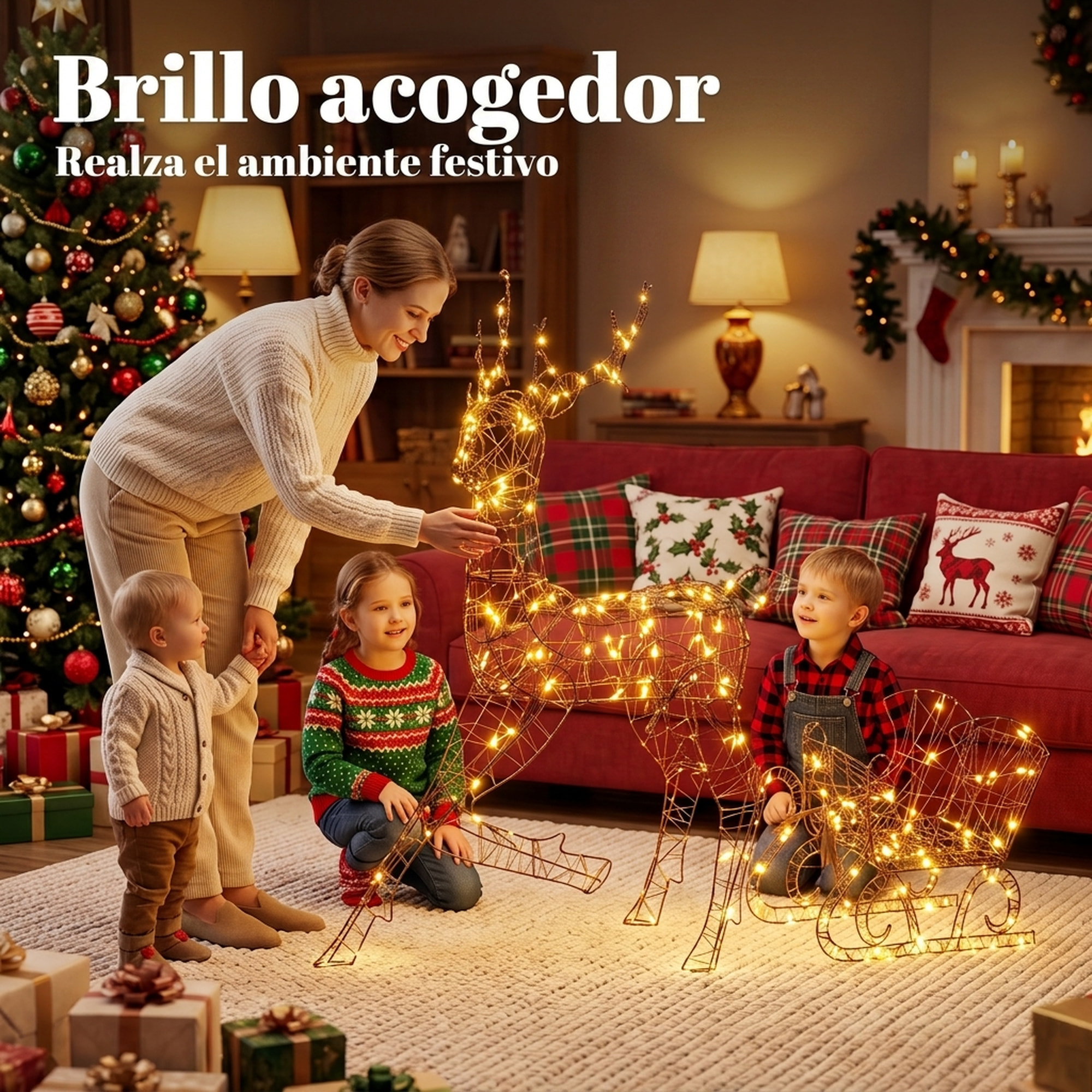 Outsunny Reno y Trineo Luminosos de Ratán PP con 175 LED Blanco Cálido, Decoración de Navidad con 8 Modos, Temporizador Diario, 120 cm, Illuminación Navideña para Jardín, Césped, Patio y Porche