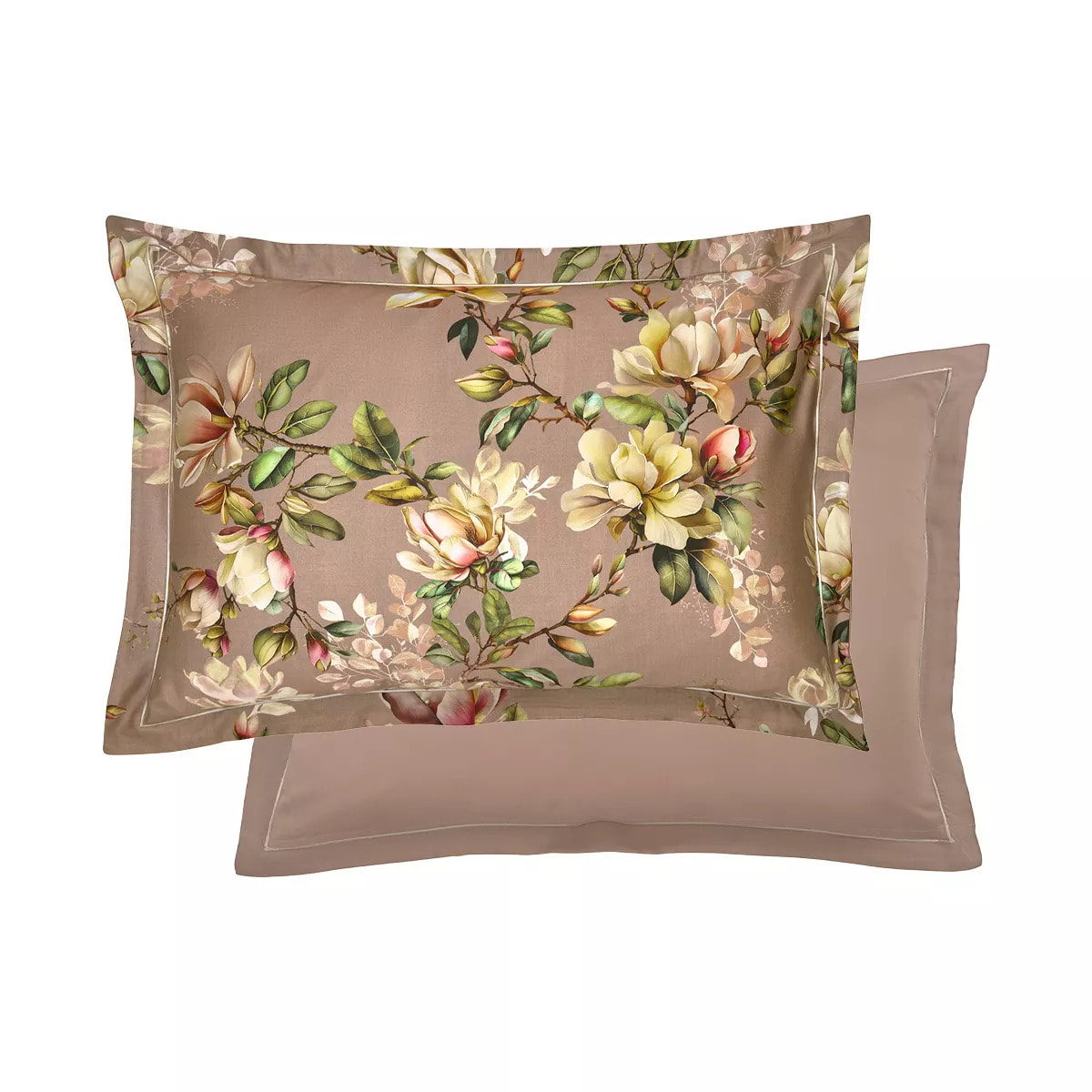 Taie d'oreiller satin de coton imprimé rose Magnolias rose fume