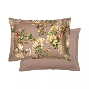 Taie d'oreiller satin de coton imprimé rose Magnolias rose fume