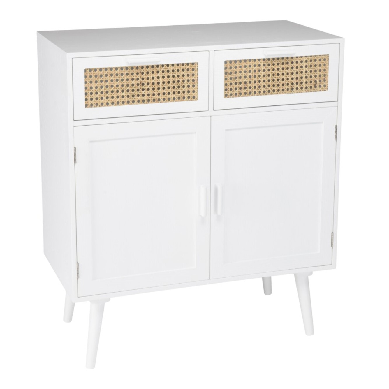 SANDRO - Buffet blanc 2 portes 2 tiroirs cannage naturel