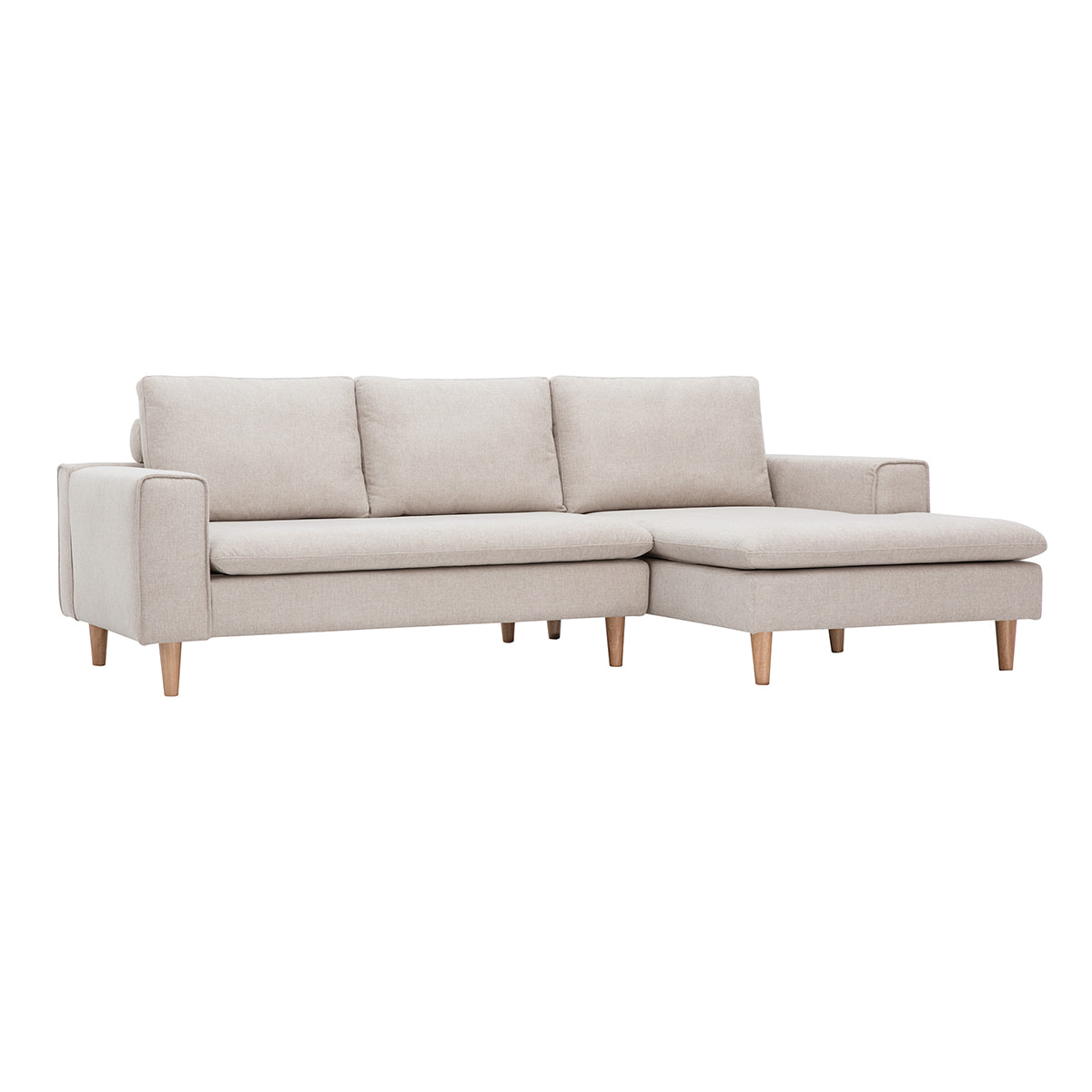 Canapé d'angle droit en tissu effet velours texturé beige et bois clair RAGNAR