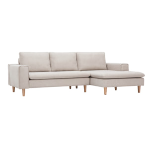 Canapé d'angle droit en tissu effet velours texturé beige et bois clair RAGNAR