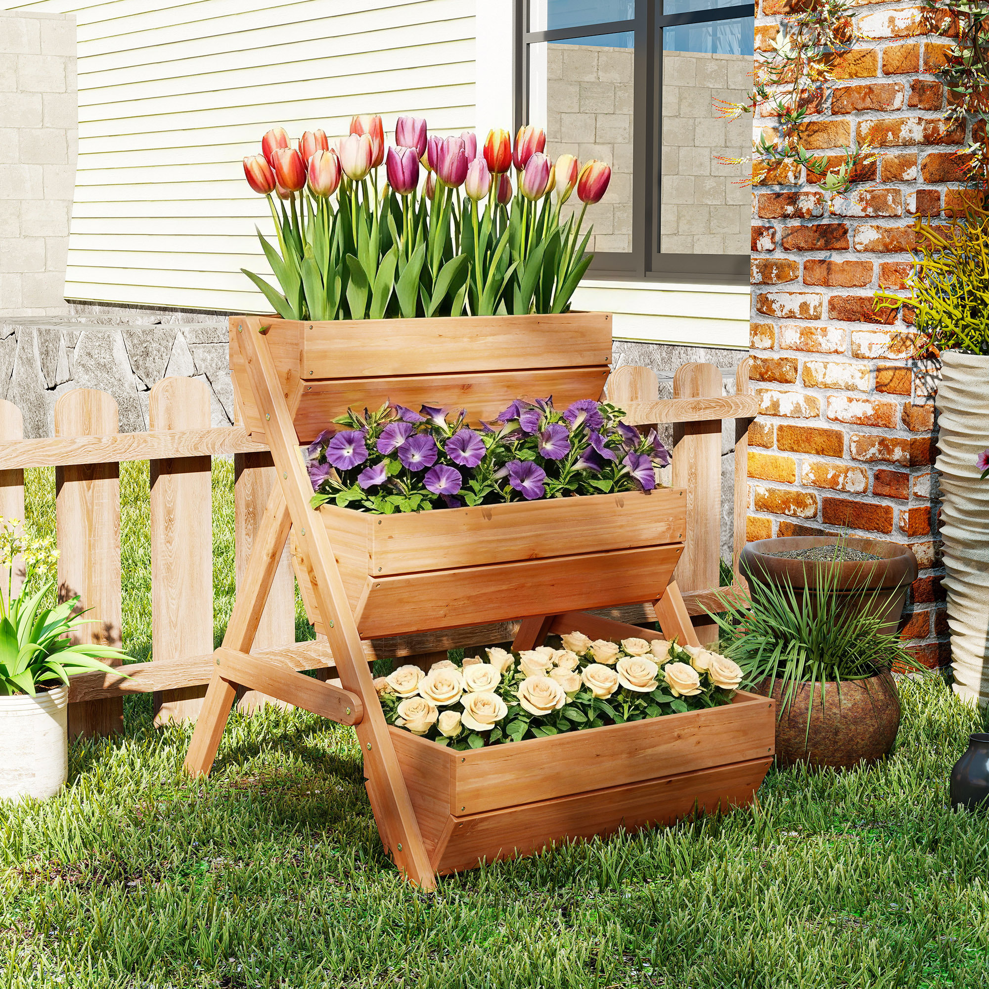 Jardinera de Madera de 3 Niveles, Jardinera Elevada Exterior con Orificios de Drenaje, Macetero para Cultivos de Plantas, Flores, para Terraza, Jardín, 65x75x76 cm, Marrón