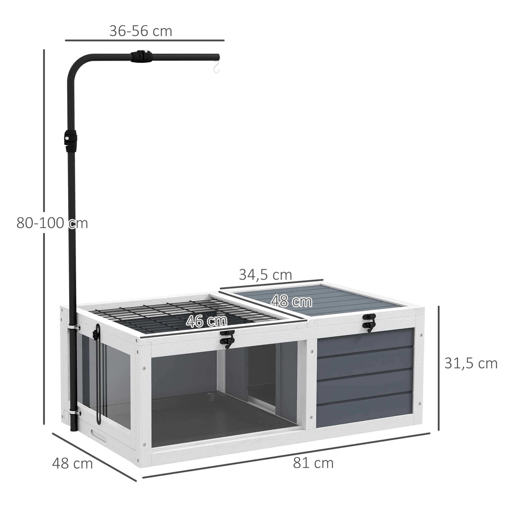 Maison enclos cage pour tortue petit animal avec 2 espaces support lampe réglable bois gris blanc