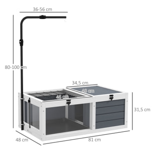 Maison enclos cage pour tortue petit animal avec 2 espaces support lampe réglable bois gris blanc