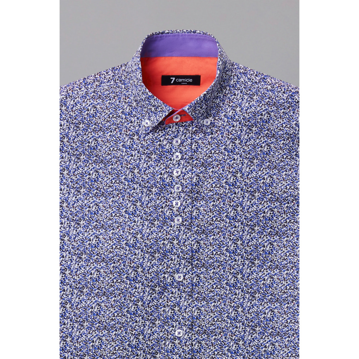 Camicia Uomo 1 Bottoni Button Down Slim Popeline Stampato Bianco/Bluette