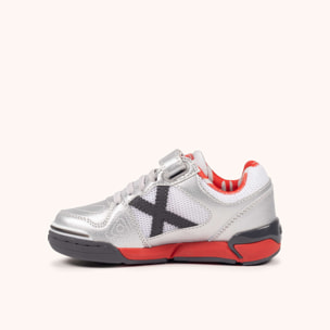 Zapatillas de fútbol sala infantiles con velcro en gris metalizado y rojo MUNICH ONE KID VCO 79