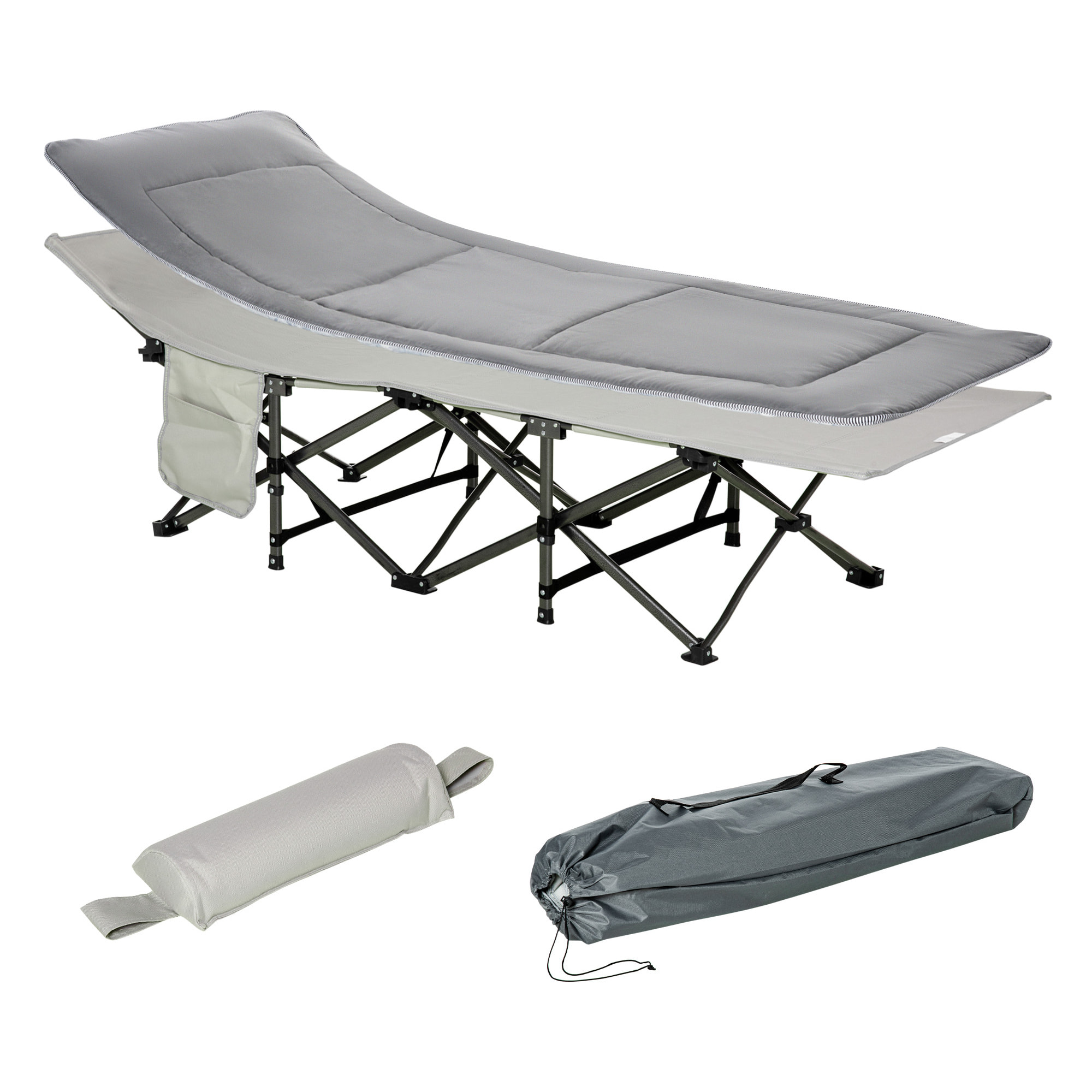 Lit de camp lit d'appoint pliable - pochette rangement, tétière, sac de transport, matelas inclus métal Oxford gris
