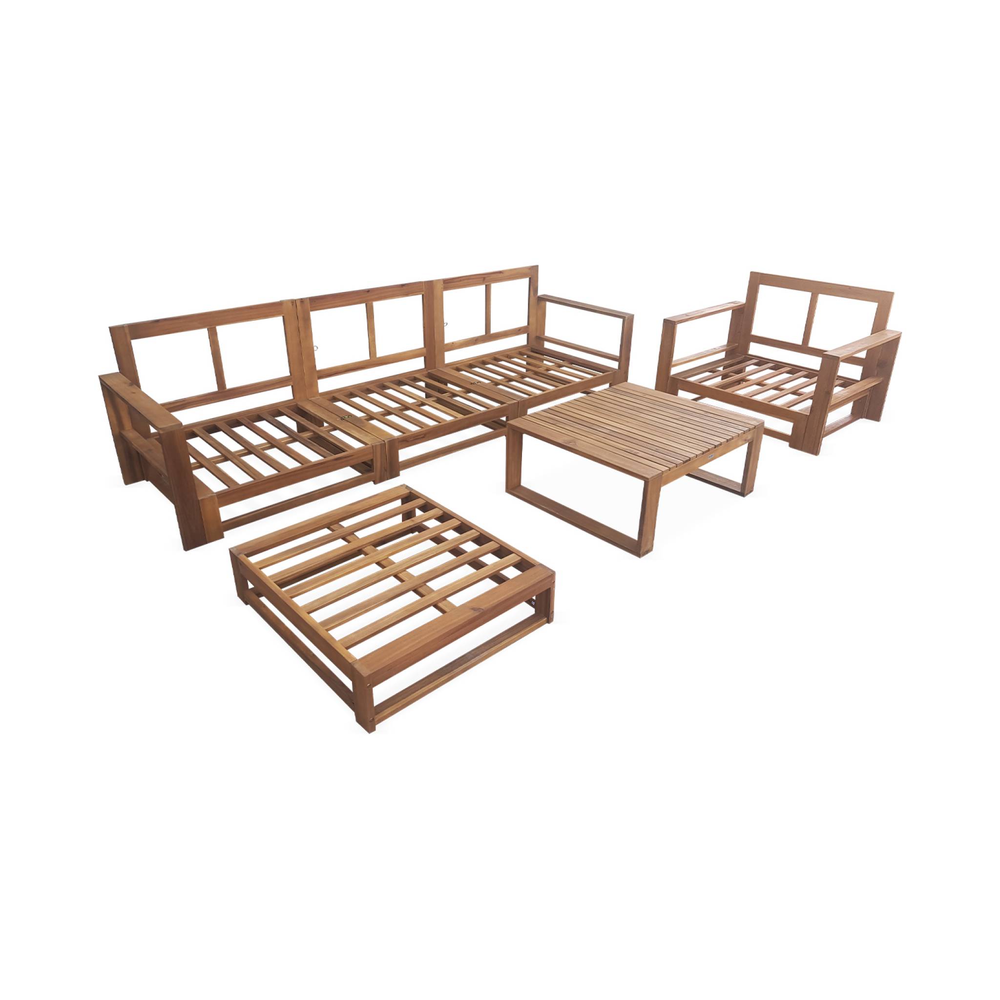 Salon de jardin en bois 5 places - Mendoza - Coussins gris. canapé. fauteuils et table basse en acacia. 6 éléments modulables. design