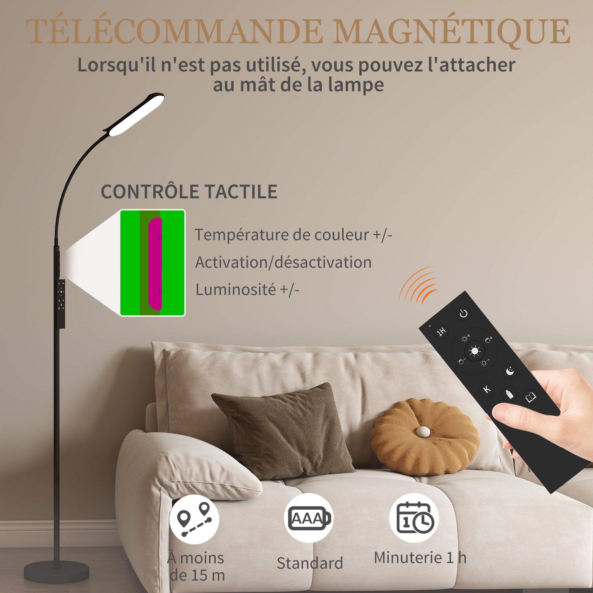 Lampadaire LED dimmable avec télécommande - contrôle tactile, réglable - H.175 cm - acier polycarbonate noir