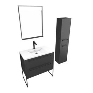 Meuble Salle de Bains 80 cm, Vasque Blanche, Miroir Led et Colonne - Noir - STRUCTURA