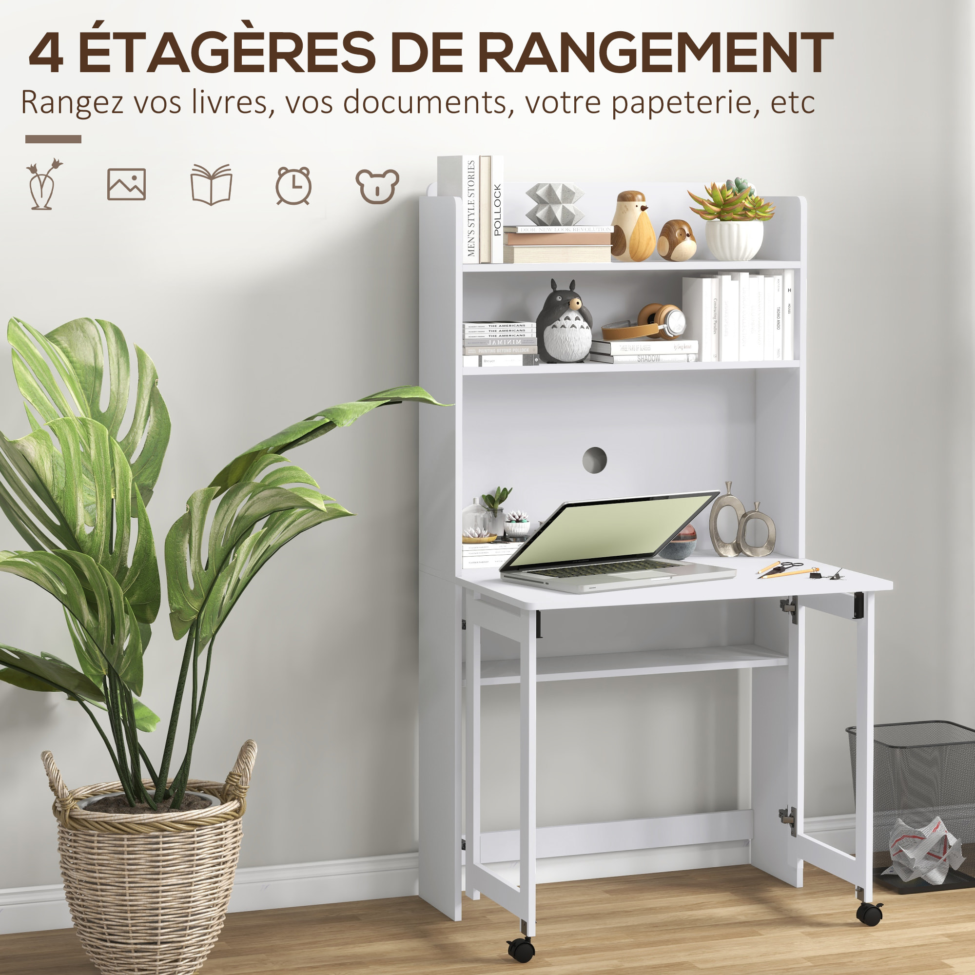 Bureau mural pliable table murale rabattable suspendue sur pied avec bibliothèque 3 étagères MDF blanc