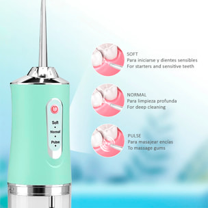 Irrigatore orale ricaricabile con 4 punte. Serbatoio da 230 ml, rotazione a 360° e 3 modalità d'uso.
